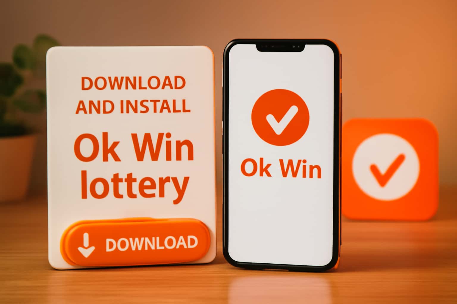 Informational graphic illustrating the process to download and install the Ok Win lottery app.