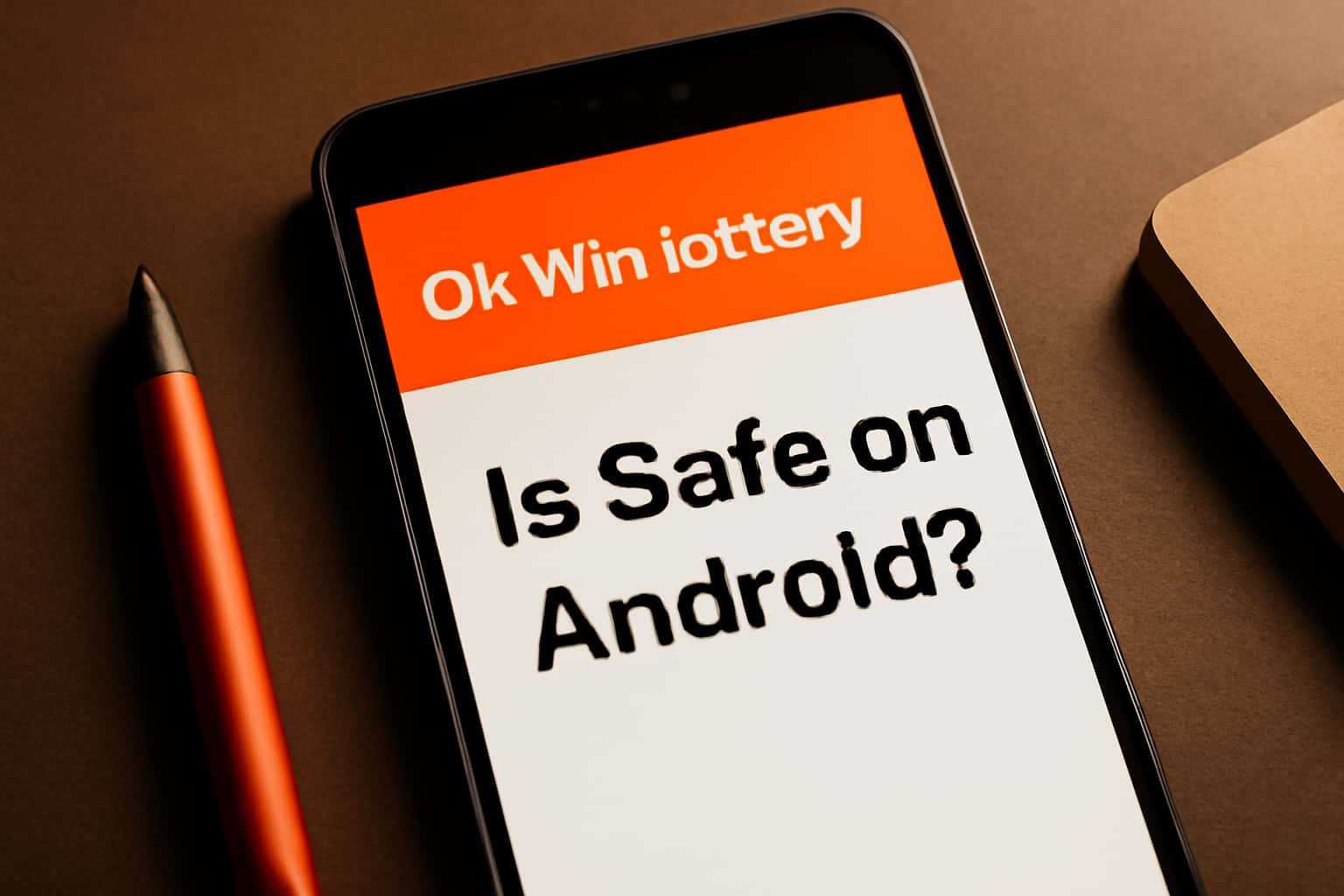 Informative scene discussing the safety of the Ok Win lottery app on Android