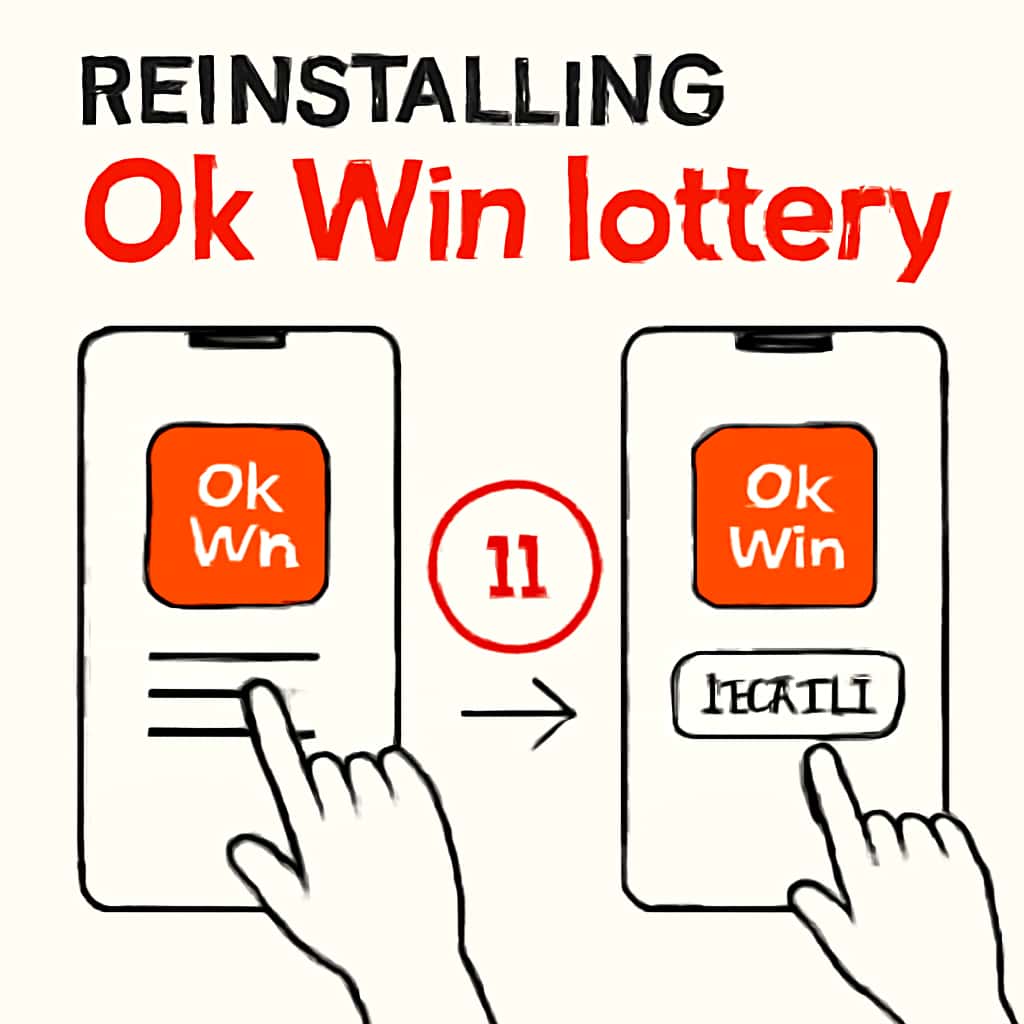 An educational diagram explaining the steps to reinstall the Ok Win lottery app.